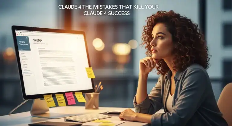 Woman reading "Claude 4 Mistakes" on screen, improving AI chatbot results.